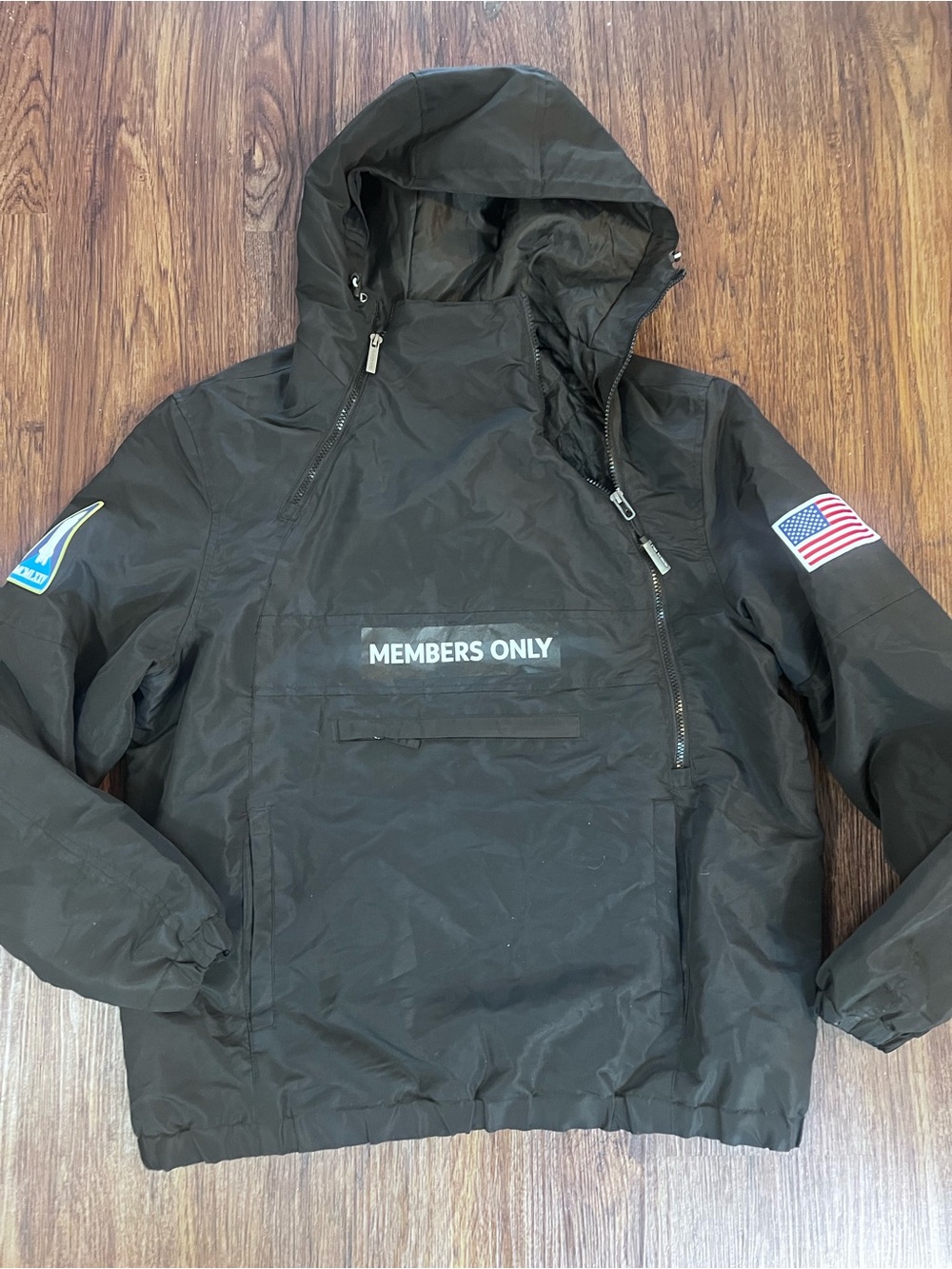Members Only Black Hooded Anorak Jacket with Flag Patches